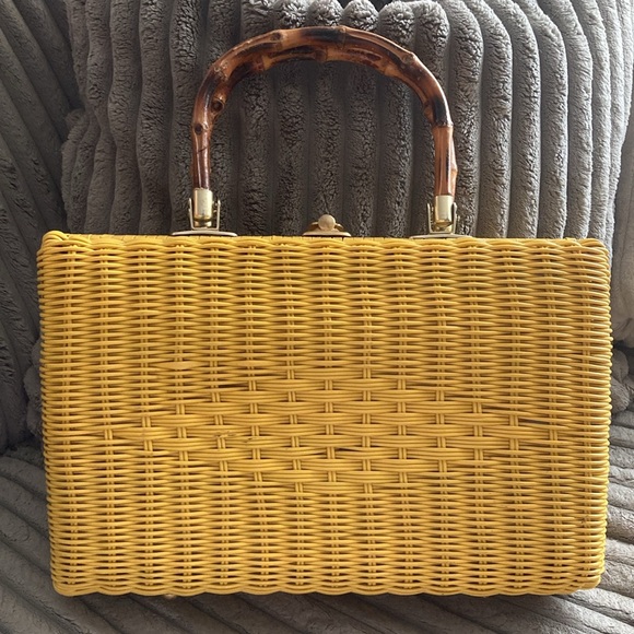 Marchioness Macy Yellow Wicker Straw Bamboo Box Purse Handbag Vintage 1950s 🌞 - Picture 3 of 16